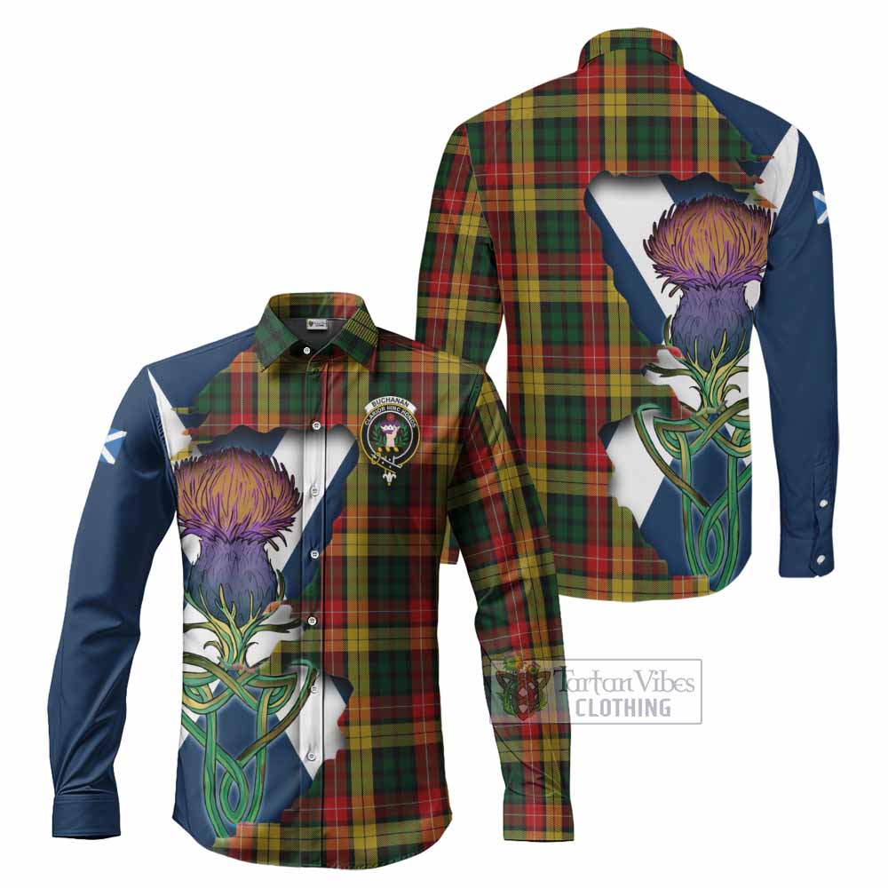 Tartan Vibes Clothing Buchanan Tartan Family Crest Long Sleeve Button Shirt Scottish Thistle Celtic Inspired
