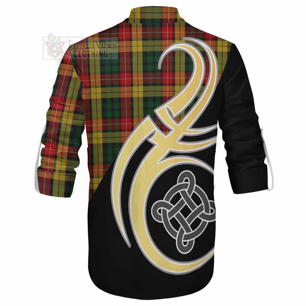 Tartan Vibes Clothing Buchanan Tartan Ghillie Kilt Shirt with Family Crest and Celtic Symbol Style