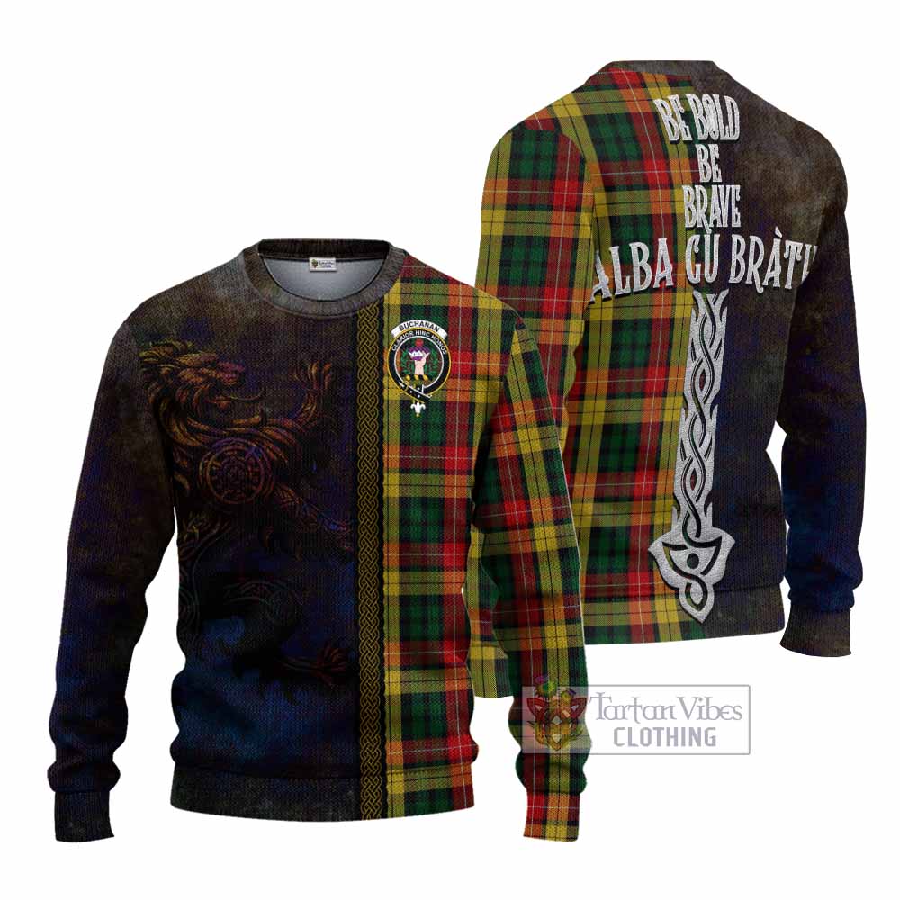 Tartan Vibes Clothing Buchanan Tartan Family Crest Knitted Sweater Alba Gu Brath Be Brave Lion Ancient Style