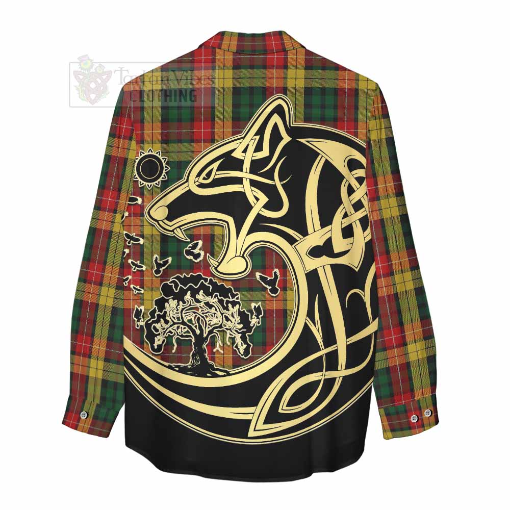 Tartan Vibes Clothing Buchanan Tartan Women's Casual Shirt with Family Crest Celtic Wolf Style