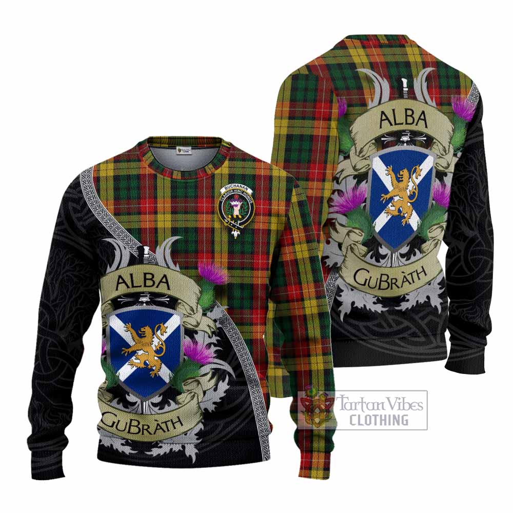Tartan Vibes Clothing Buchanan Tartan Family Crest Knitted Sweater Lion Rampant Royal Thistle Shield Celtic Inspired