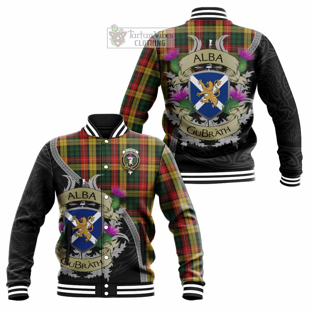 Tartan Vibes Clothing Buchanan Tartan Family Crest Baseball Jacket Lion Rampant Royal Thistle Shield Celtic Inspired