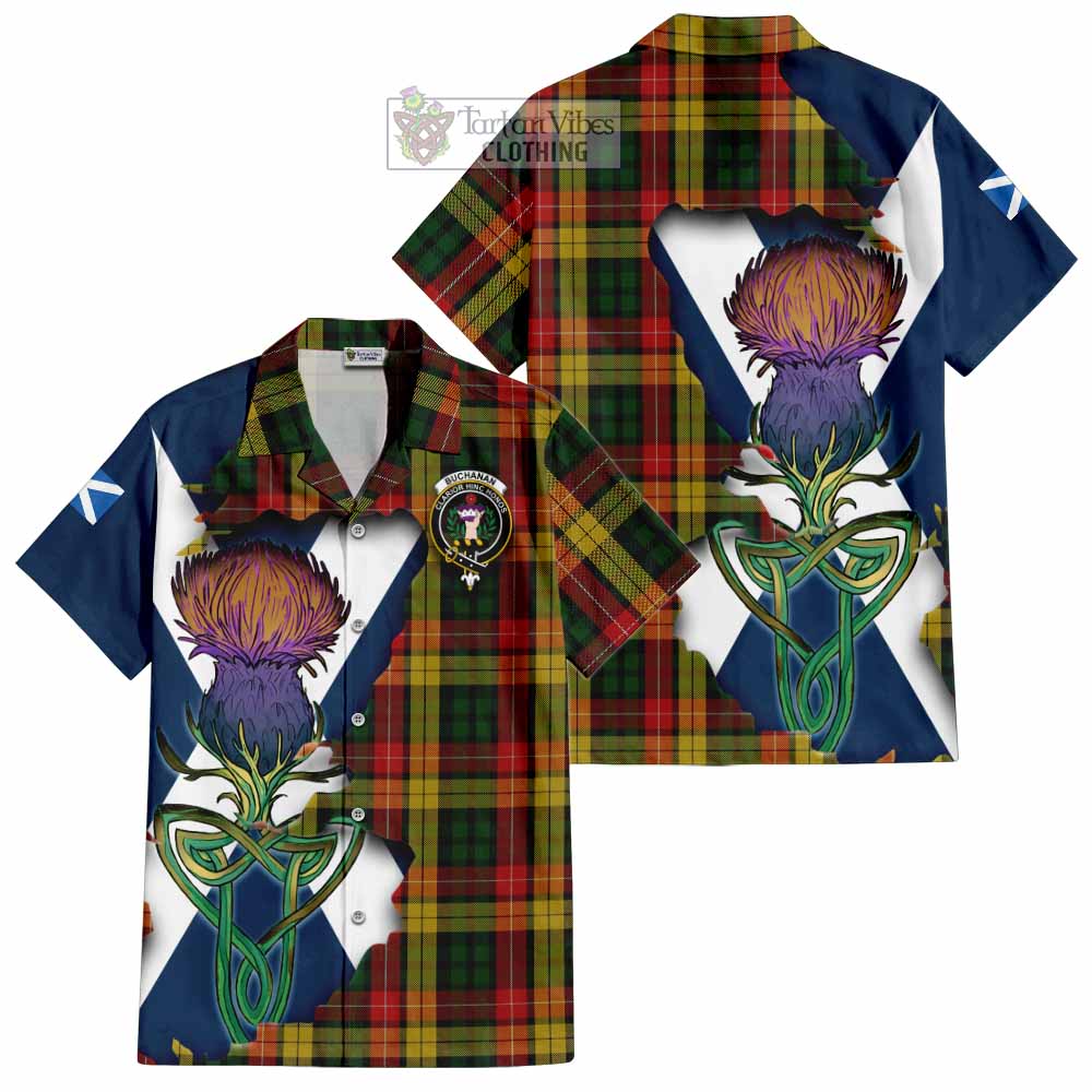 Tartan Vibes Clothing Buchanan Tartan Family Crest Short Sleeve Button Shirt Scottish Thistle Celtic Inspired