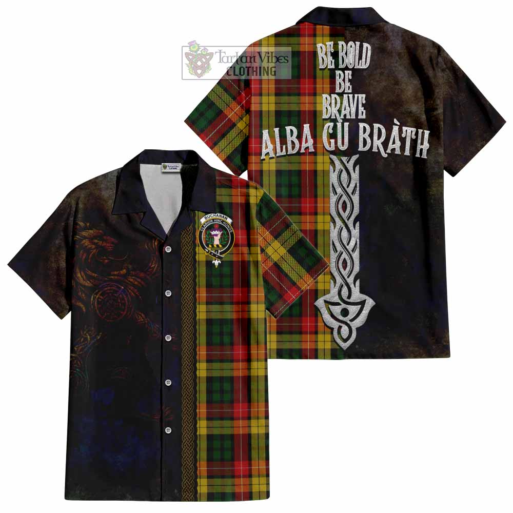 Tartan Vibes Clothing Buchanan Tartan Family Crest Short Sleeve Button Shirt Alba Gu Brath Be Brave Lion Ancient Style