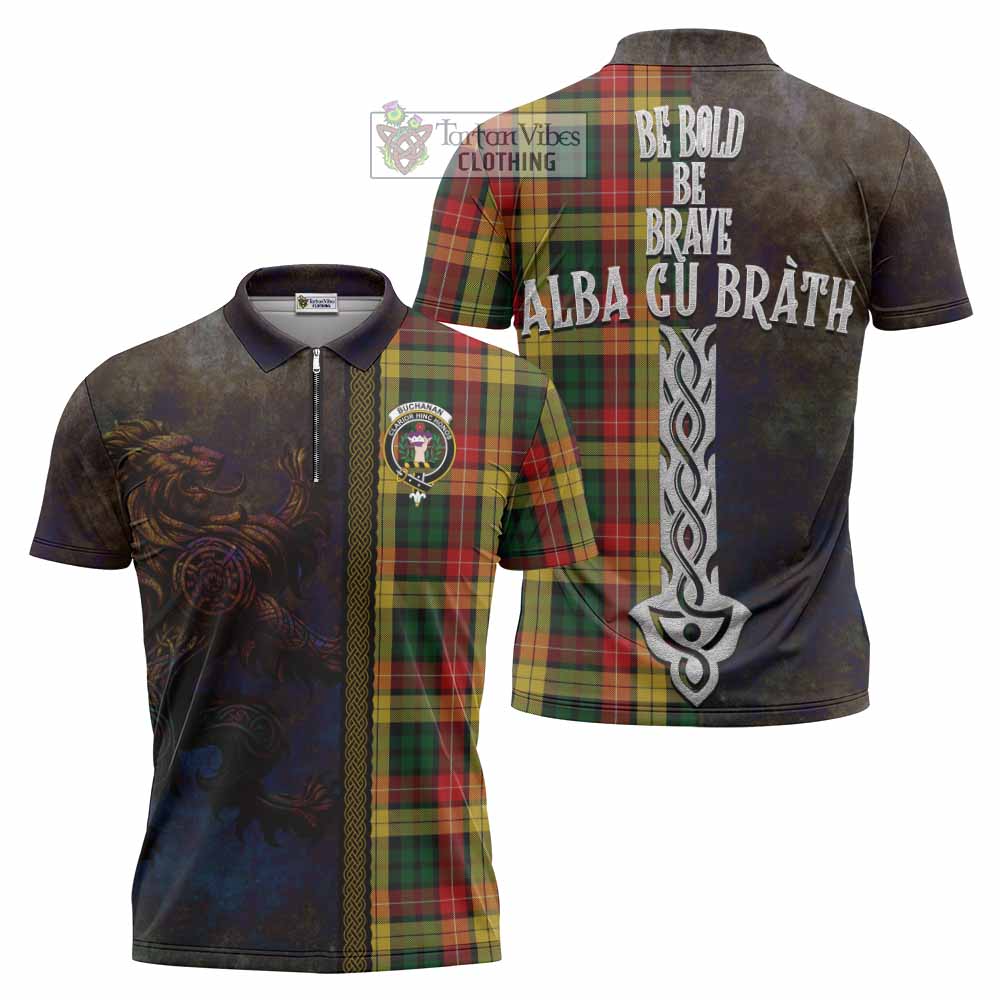 Tartan Vibes Clothing Buchanan Tartan Family Crest Zipper Polo Shirt Alba Gu Brath Be Brave Lion Ancient Style