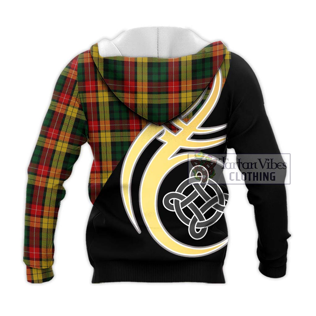 Buchanan Tartan Knitted Hoodie with Family Crest and Celtic Symbol Style - Tartan Vibes Clothing
