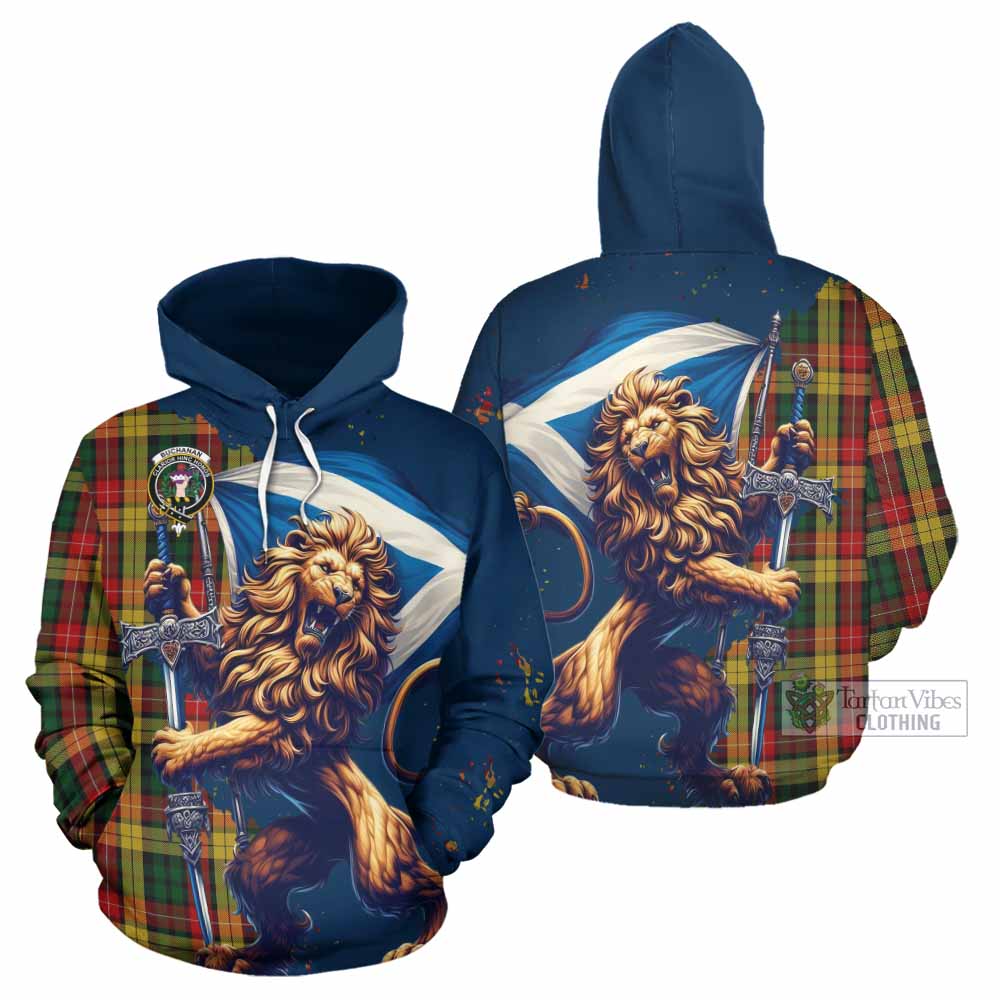 Buchanan Tartan Family Crest Hoodie with Scottish Majestic Lion
