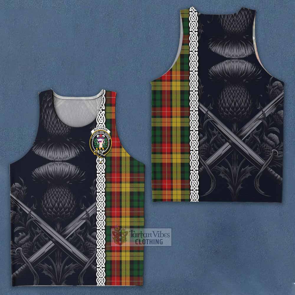 Tartan Vibes Clothing Buchanan Tartan Men's Tank Top with Family Crest Cross Sword Thistle Celtic Vibes