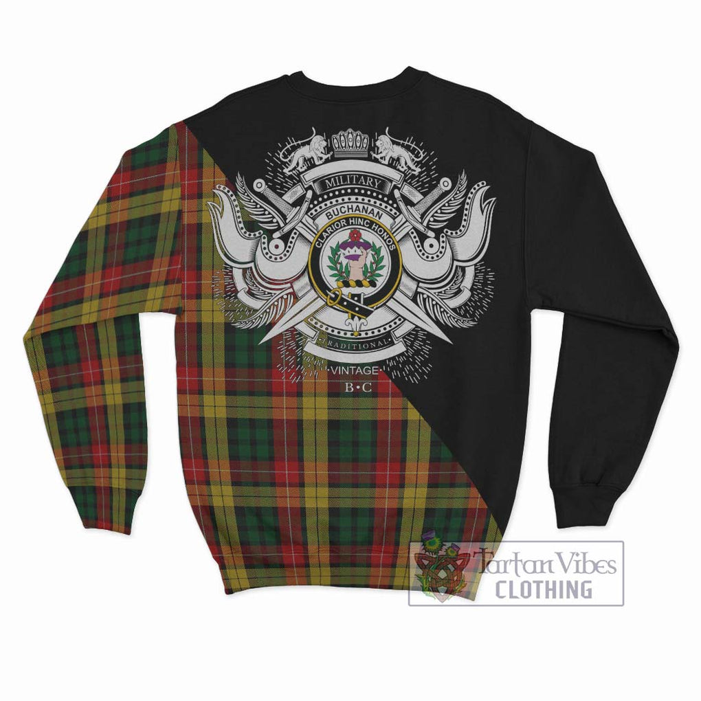 Buchanan Tartan Sweatshirt with Family Crest and Military Logo Style - Tartanvibesclothing Shop