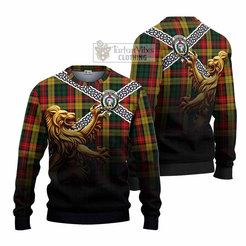 Tartan Vibes Clothing Buchanan Crest Tartan Knitted Sweater with Golden Lion Emblem Celtic Style