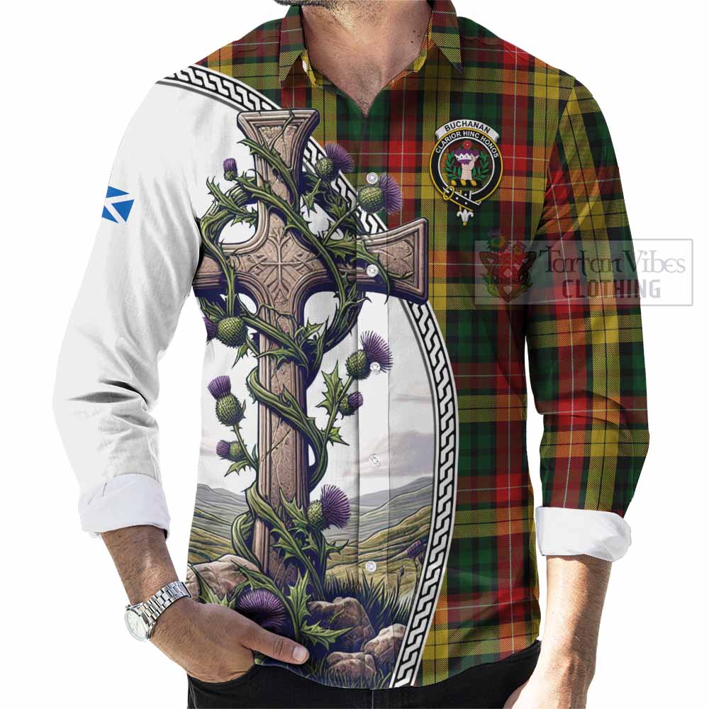 Tartan Vibes Clothing Buchanan Tartan Long Sleeve Button Shirt with Family Crest and St. Andrew's Cross Accented by Thistle Vines