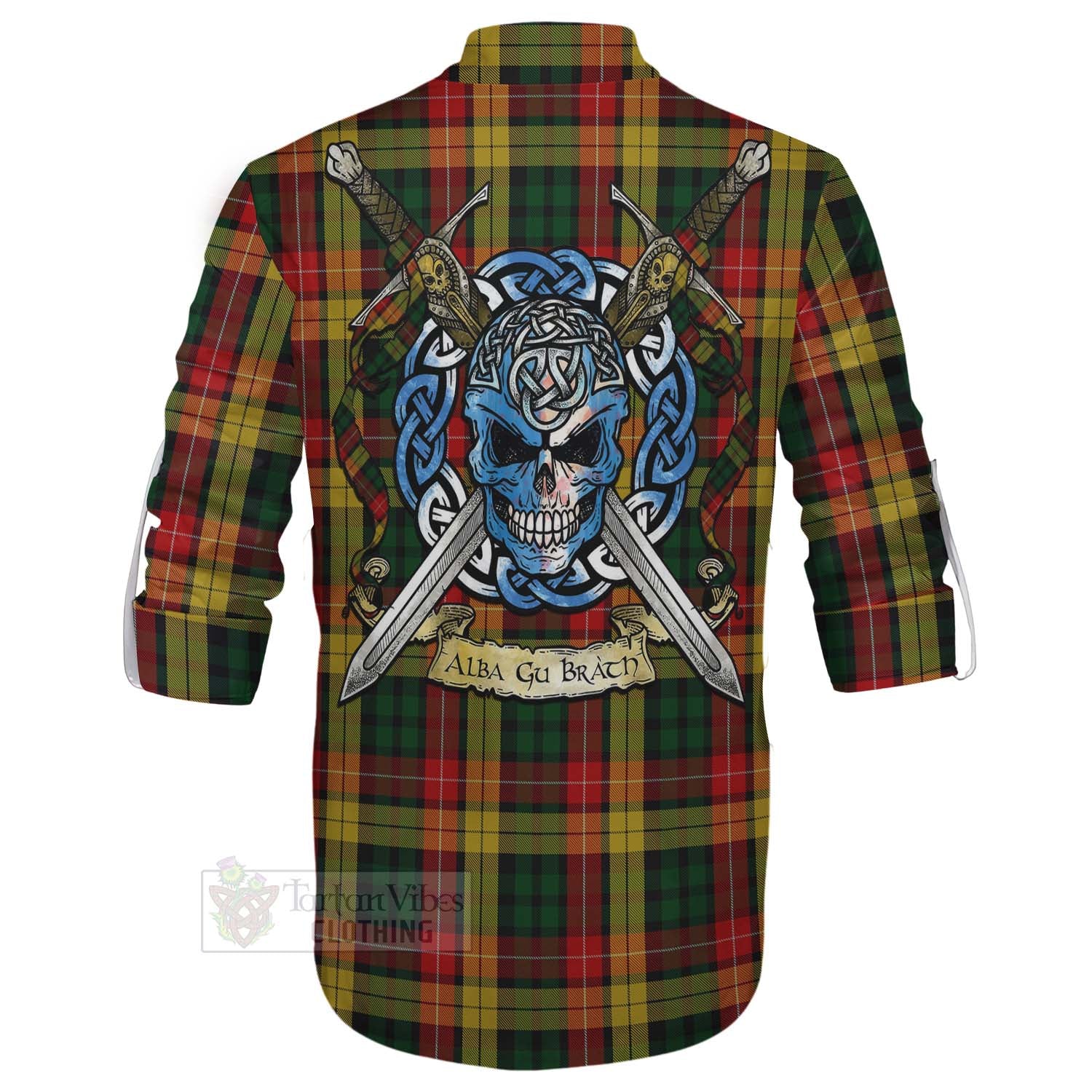 Tartan Vibes Clothing Buchanan Tartan Ghillie Kilt Shirt with Family Crest Celtic Skull Style