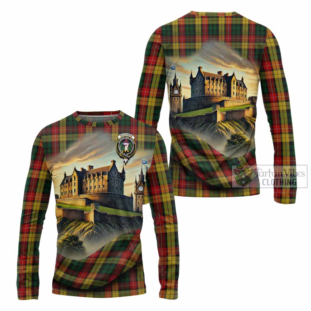 Tartan Vibes Clothing Buchanan Tartan Family Crest Long Sleeve T-Shirt with Scottish Ancient Castle Style