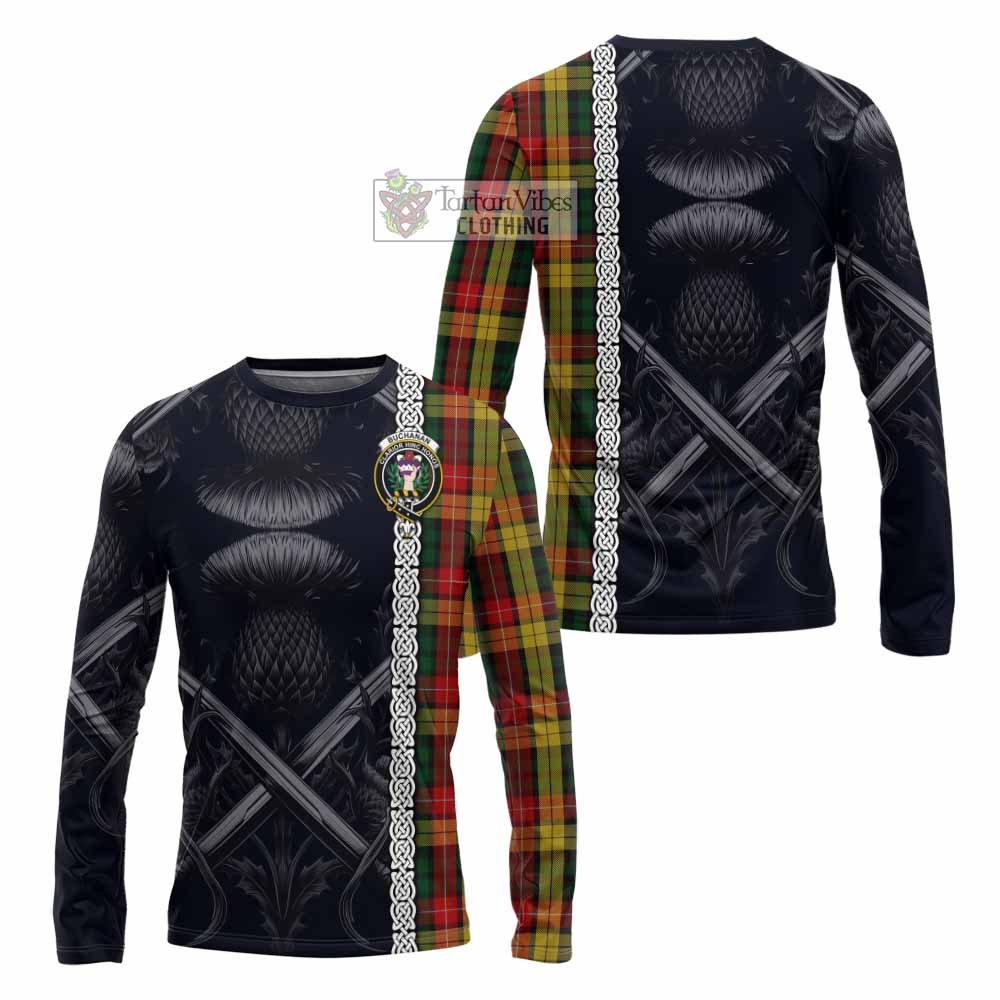 Tartan Vibes Clothing Buchanan Tartan Long Sleeve T-Shirt with Family Crest Cross Sword Thistle Celtic Vibes