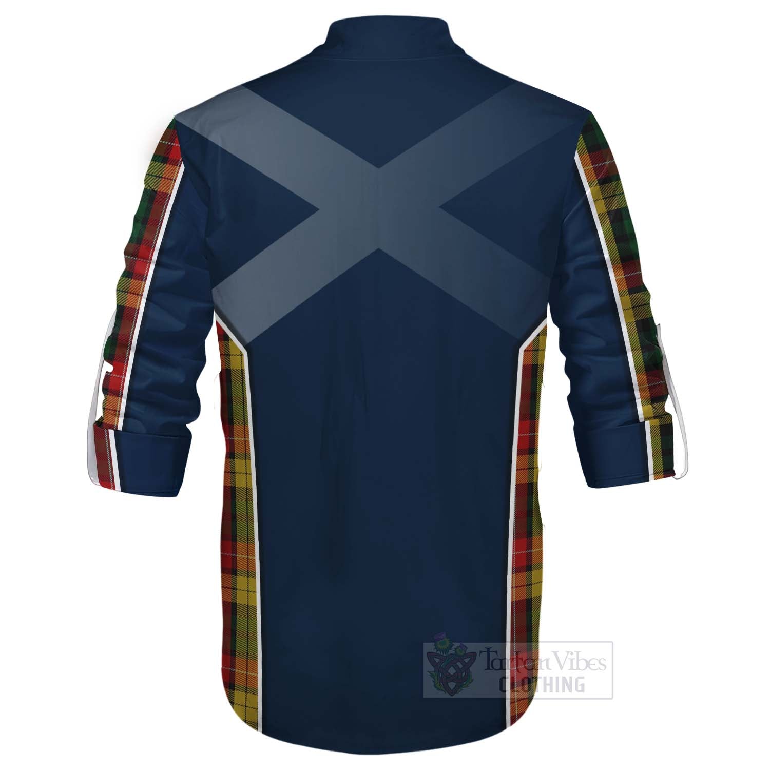 Tartan Vibes Clothing Buchanan Tartan Ghillie Kilt Shirt with Family Crest and Scottish Thistle Vibes Sport Style