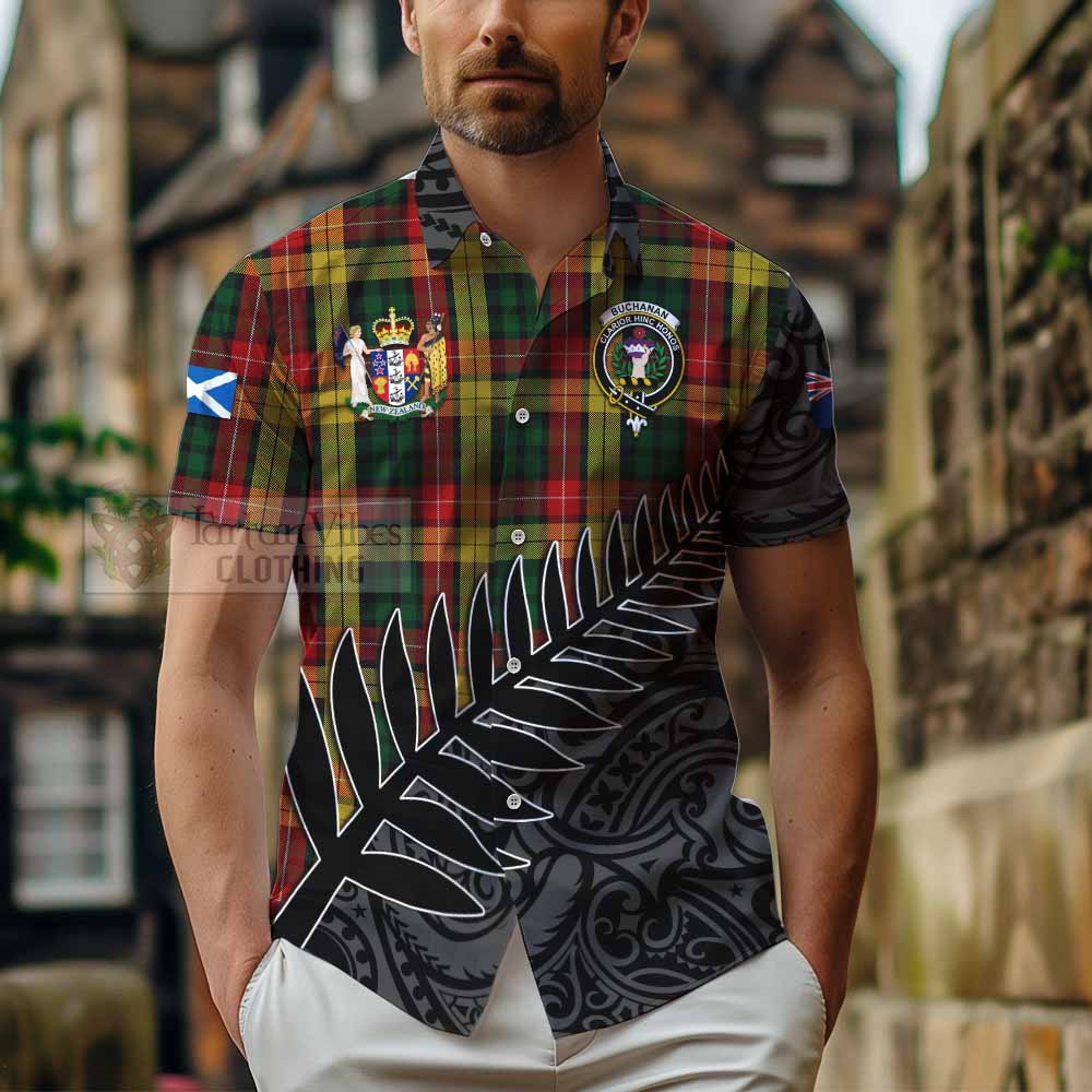 Tartan Vibes Clothing Buchanan Crest Tartan Short Sleeve Button Shirt with New Zealand Silver Fern Half Style