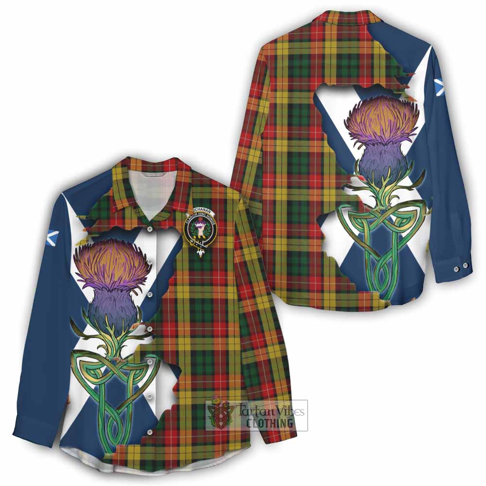 Tartan Vibes Clothing Buchanan Tartan Family Crest Women's Casual Shirt Scottish Thistle Celtic Inspired