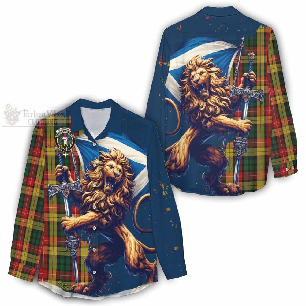 Tartan Vibes Clothing Buchanan Tartan Family Crest Women's Casual Shirt with Scottish Majestic Lion