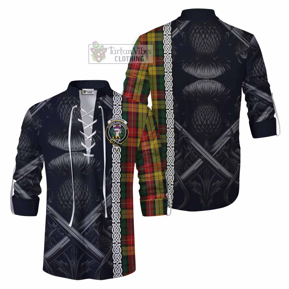 Tartan Vibes Clothing Buchanan Tartan Ghillie Kilt Shirt with Family Crest Cross Sword Thistle Celtic Vibes