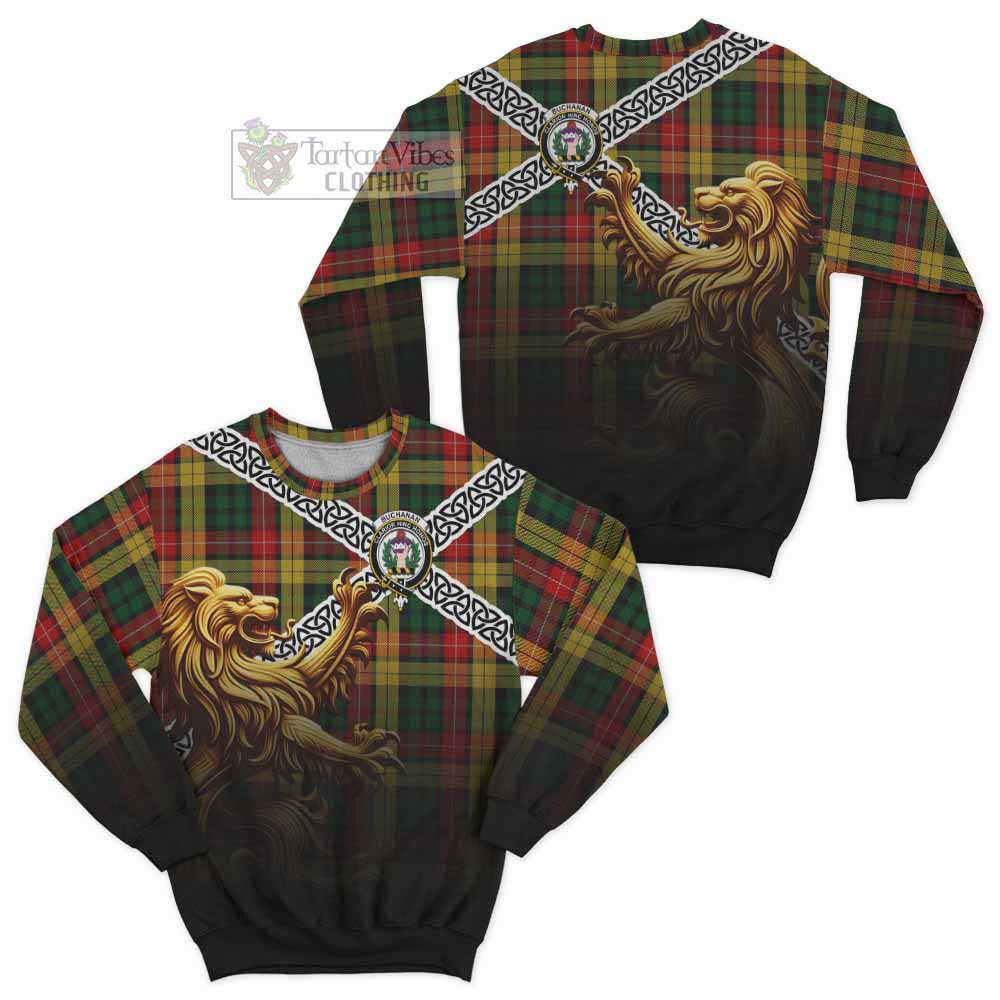 Tartan Vibes Clothing Buchanan Crest Tartan Sweatshirt with Golden Lion Emblem Celtic Style