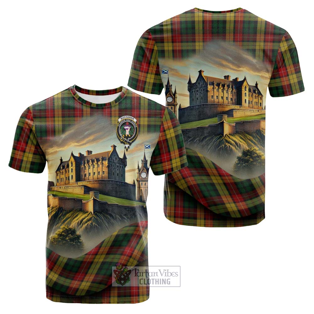 Tartan Vibes Clothing Buchanan Tartan Family Crest Cotton T-shirt with Scottish Ancient Castle Style