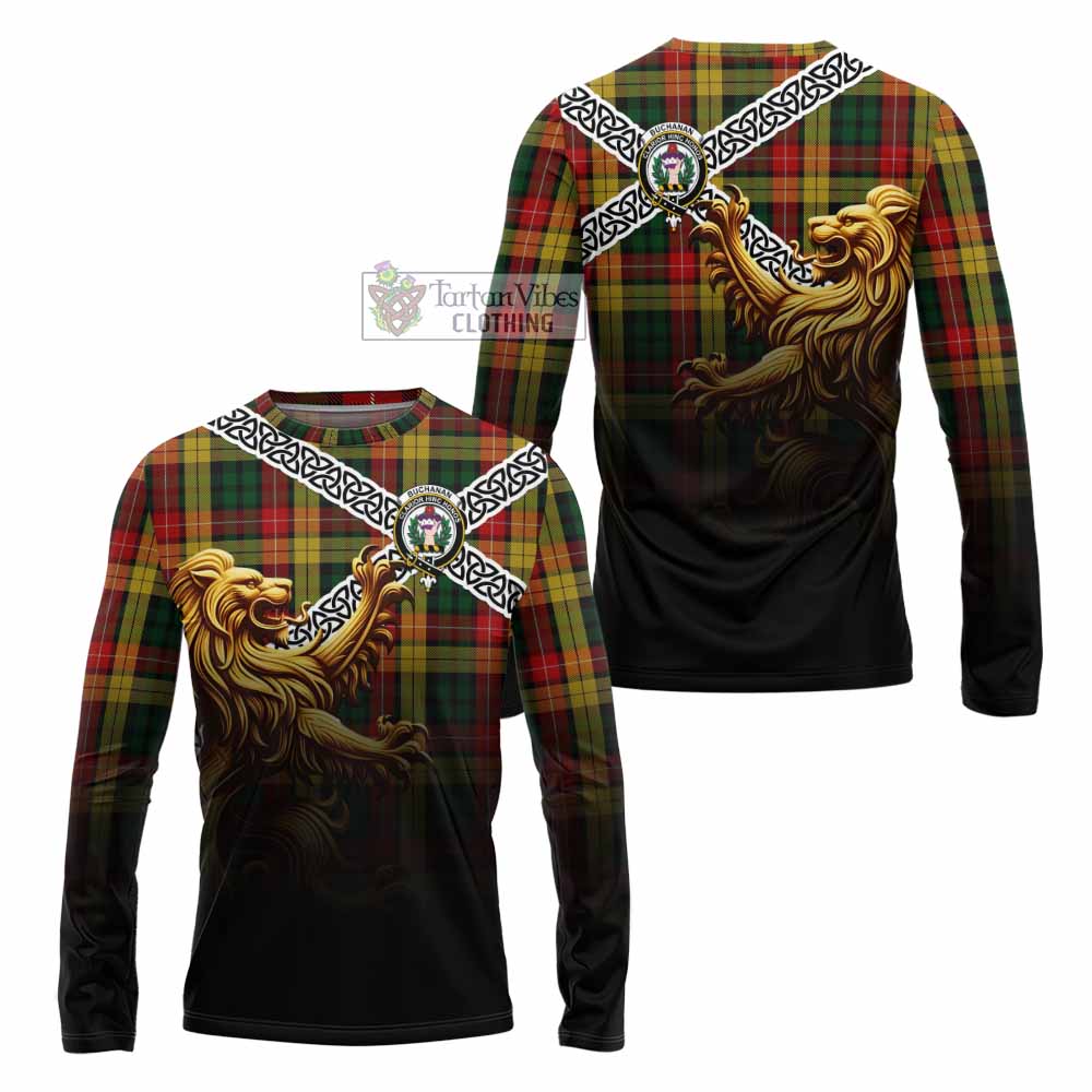 Tartan Vibes Clothing Buchanan Crest Tartan Long Sleeve T-Shirt with Golden Lion Emblem Celtic Style