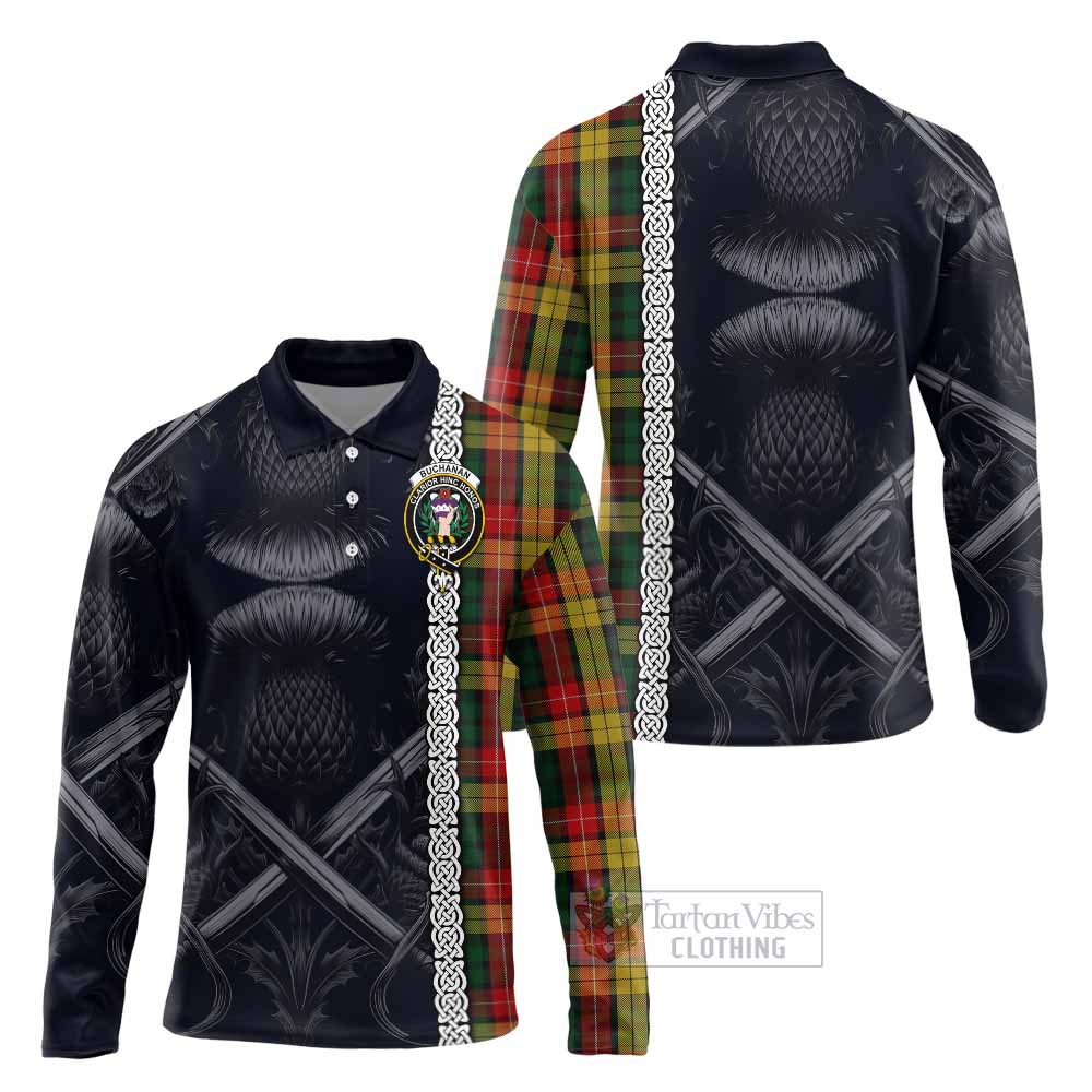 Tartan Vibes Clothing Buchanan Tartan Long Sleeve Polo Shirt with Family Crest Cross Sword Thistle Celtic Vibes
