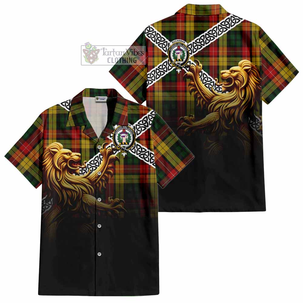 Tartan Vibes Clothing Buchanan Crest Tartan Short Sleeve Button Shirt with Golden Lion Emblem Celtic Style