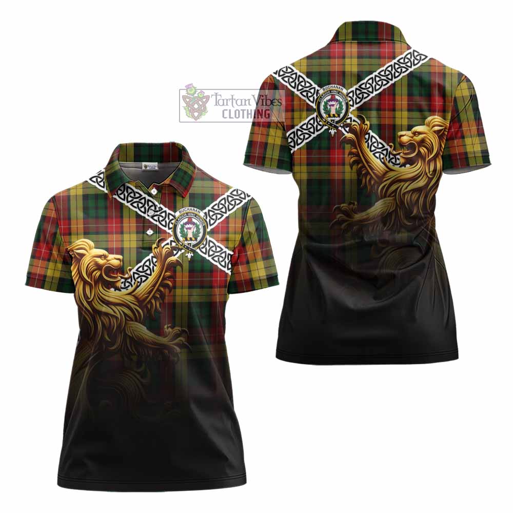 Tartan Vibes Clothing Buchanan Crest Tartan Women's Polo Shirt with Golden Lion Emblem Celtic Style