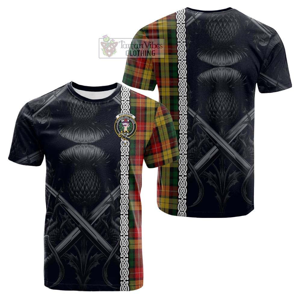 Tartan Vibes Clothing Buchanan Tartan Cotton T-shirt with Family Crest Cross Sword Thistle Celtic Vibes