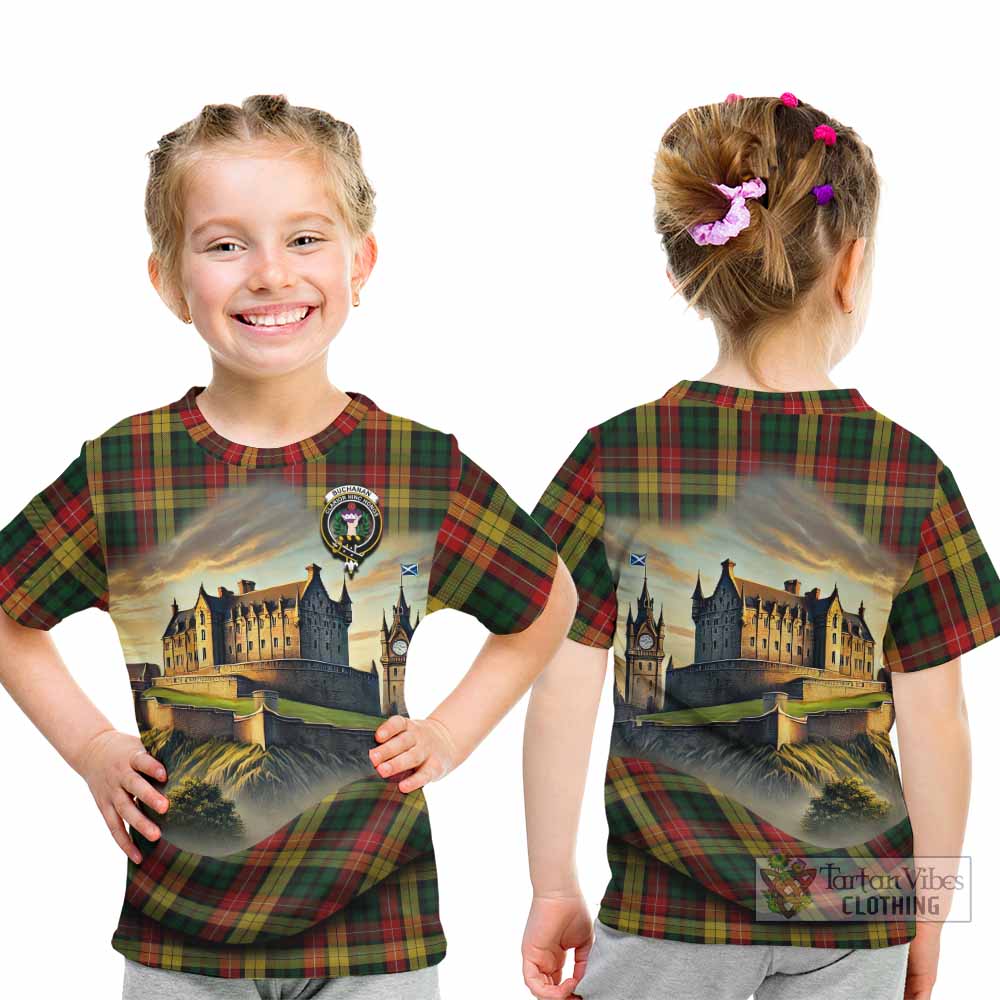 Tartan Vibes Clothing Buchanan Tartan Family Crest Kid T-Shirt with Scottish Ancient Castle Style