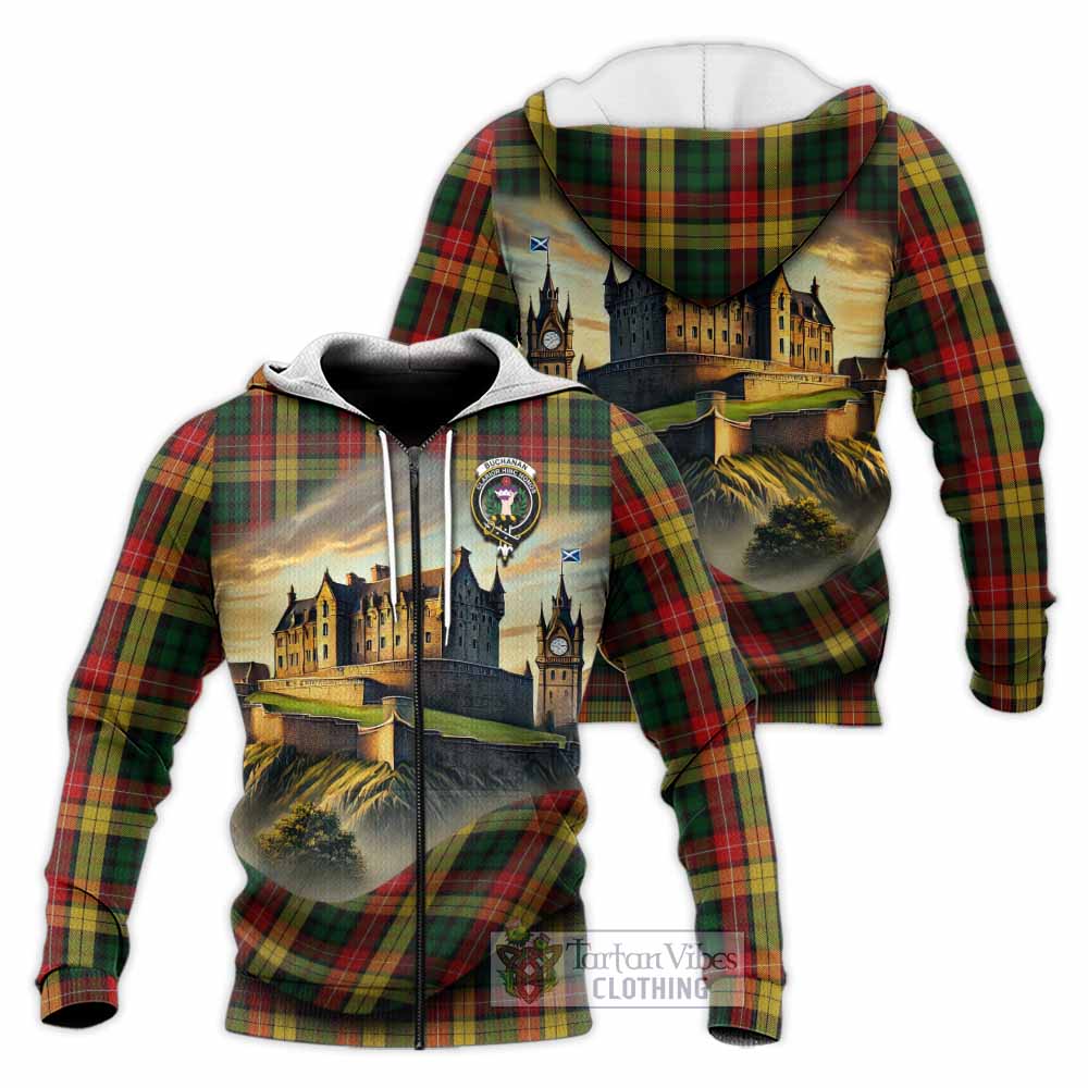 Tartan Vibes Clothing Buchanan Tartan Family Crest Knitted Hoodie with Scottish Ancient Castle Style