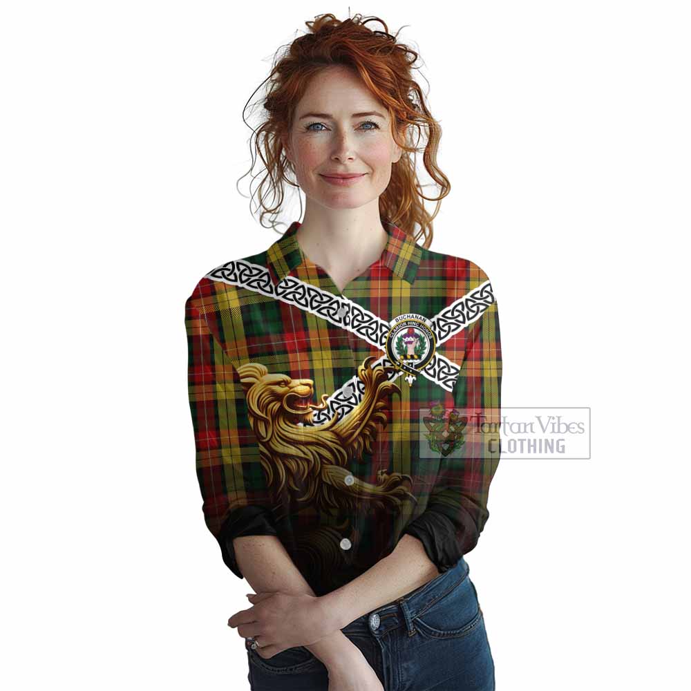 Tartan Vibes Clothing Buchanan Crest Tartan Women's Casual Shirt with Golden Lion Emblem Celtic Style