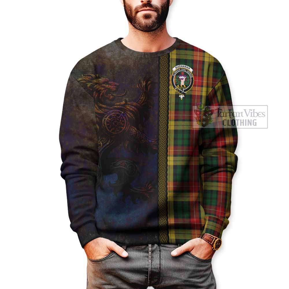 Tartan Vibes Clothing Buchanan Tartan Family Crest Sweatshirt Alba Gu Brath Be Brave Lion Ancient Style