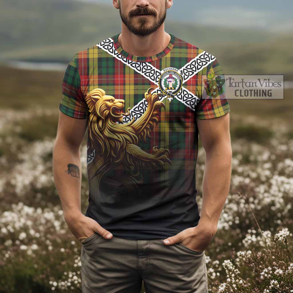 Tartan Vibes Clothing Buchanan Crest Tartan T-Shirt with Golden Lion Emblem Celtic Style