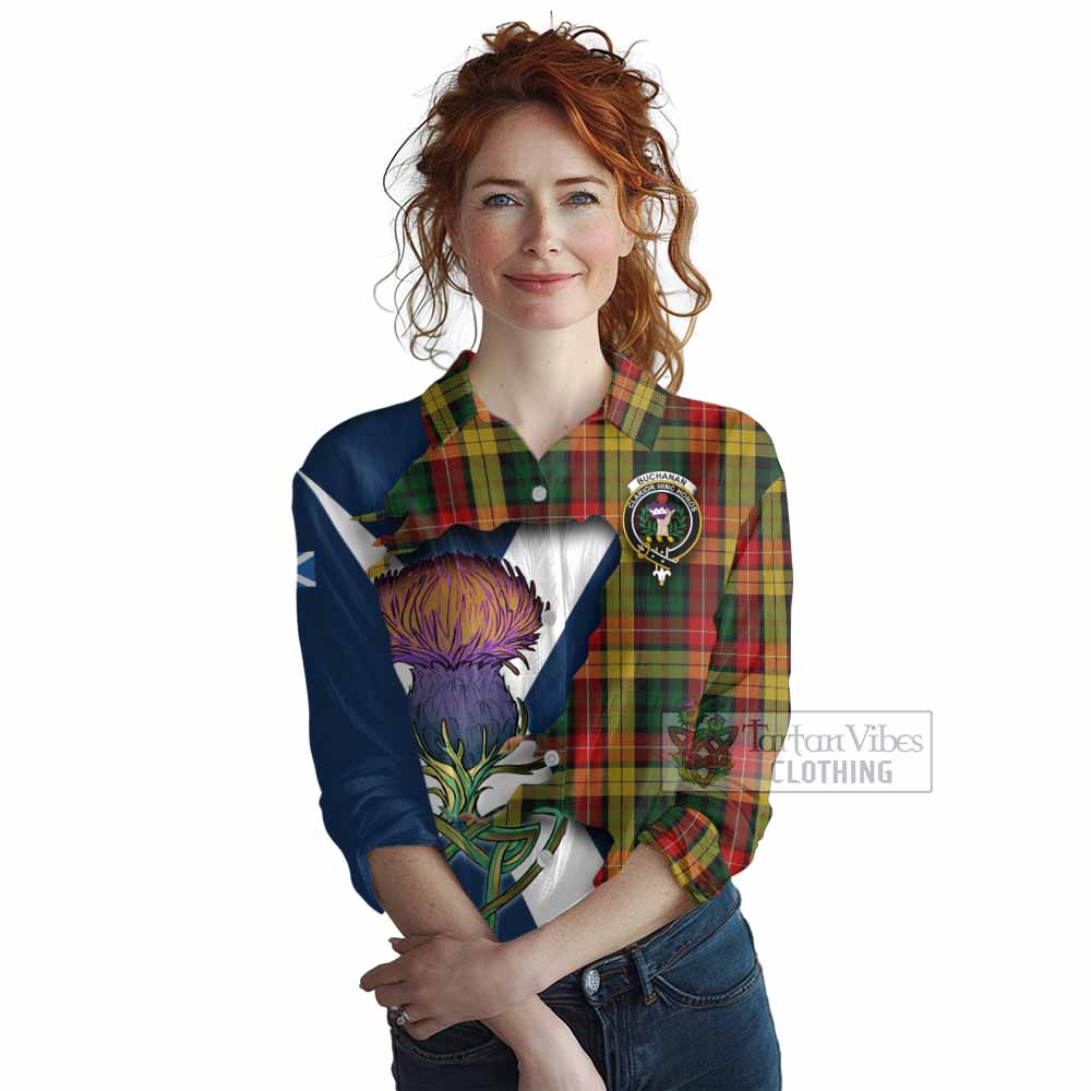 Tartan Vibes Clothing Buchanan Tartan Family Crest Women's Casual Shirt Scottish Thistle Celtic Inspired