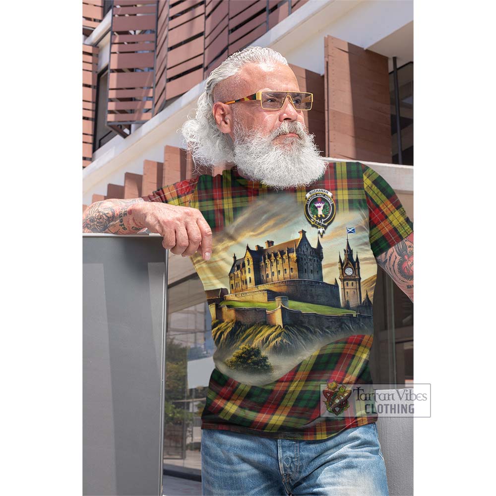 Tartan Vibes Clothing Buchanan Tartan Family Crest Cotton T-shirt with Scottish Ancient Castle Style