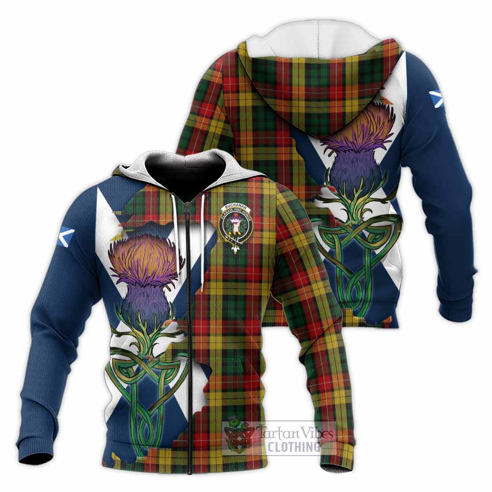 Tartan Vibes Clothing Buchanan Tartan Family Crest Knitted Hoodie Scottish Thistle Celtic Inspired