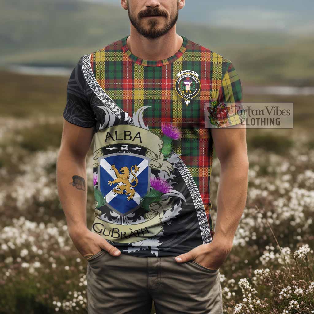 Tartan Vibes Clothing Buchanan Tartan Family Crest T-Shirt Lion Rampant Royal Thistle Shield Celtic Inspired