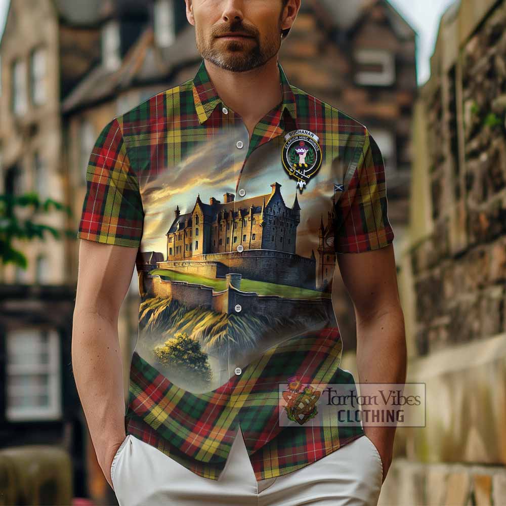 Tartan Vibes Clothing Buchanan Tartan Family Crest Short Sleeve Button Shirt with Scottish Ancient Castle Style