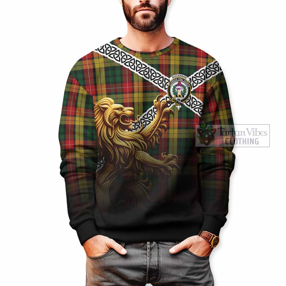 Tartan Vibes Clothing Buchanan Crest Tartan Sweatshirt with Golden Lion Emblem Celtic Style