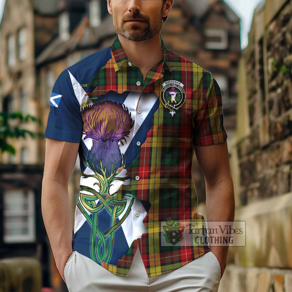 Tartan Vibes Clothing Buchanan Tartan Family Crest Short Sleeve Button Shirt Scottish Thistle Celtic Inspired