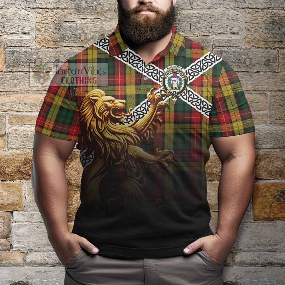 Tartan Vibes Clothing Buchanan Crest Tartan Polo Shirt with Golden Lion Emblem Celtic Style