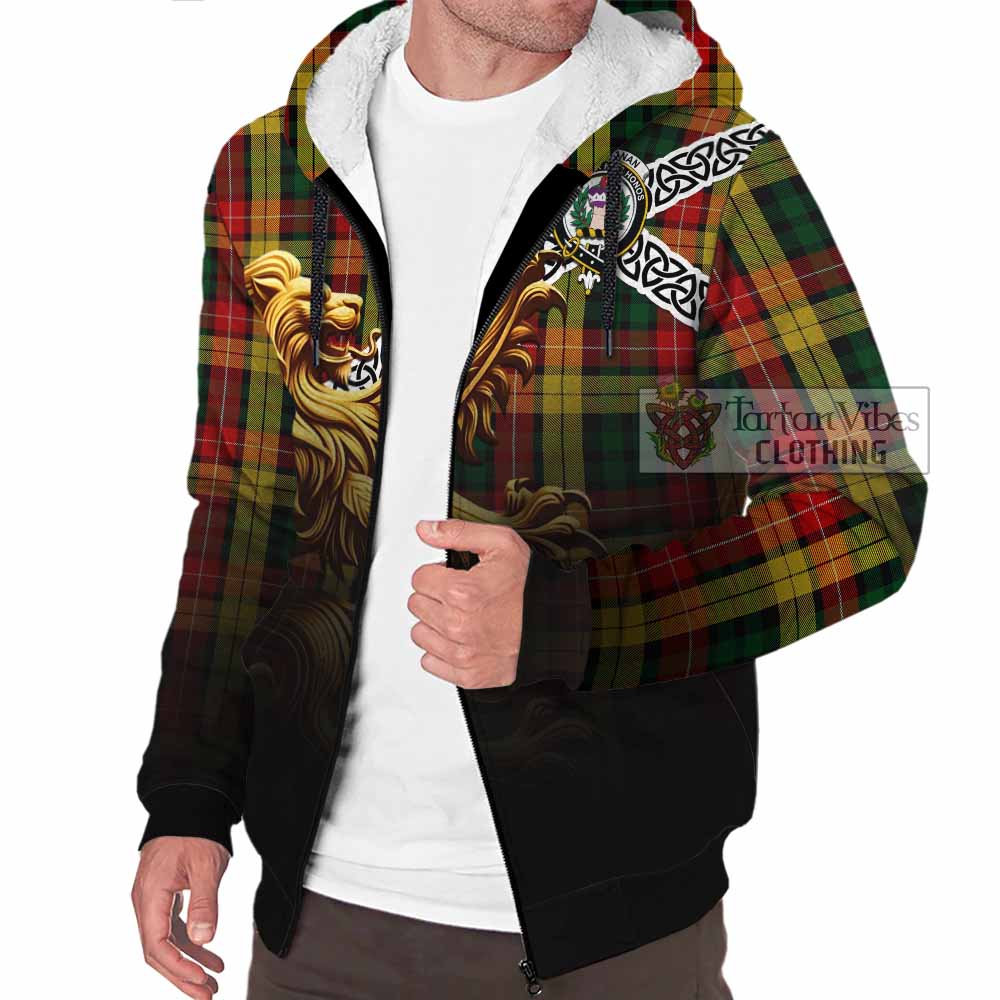 Tartan Vibes Clothing Buchanan Crest Tartan Sherpa Hoodie with Golden Lion Emblem Celtic Style