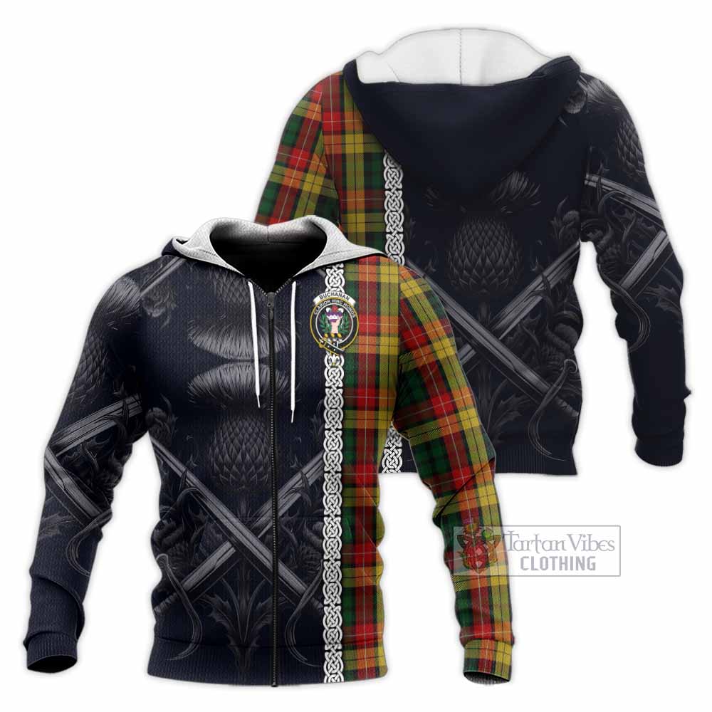 Tartan Vibes Clothing Buchanan Tartan Knitted Hoodie with Family Crest Cross Sword Thistle Celtic Vibes