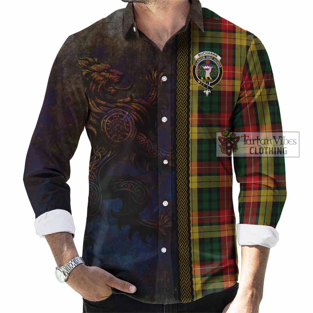 Tartan Vibes Clothing Buchanan Tartan Family Crest Long Sleeve Button Shirt Alba Gu Brath Be Brave Lion Ancient Style