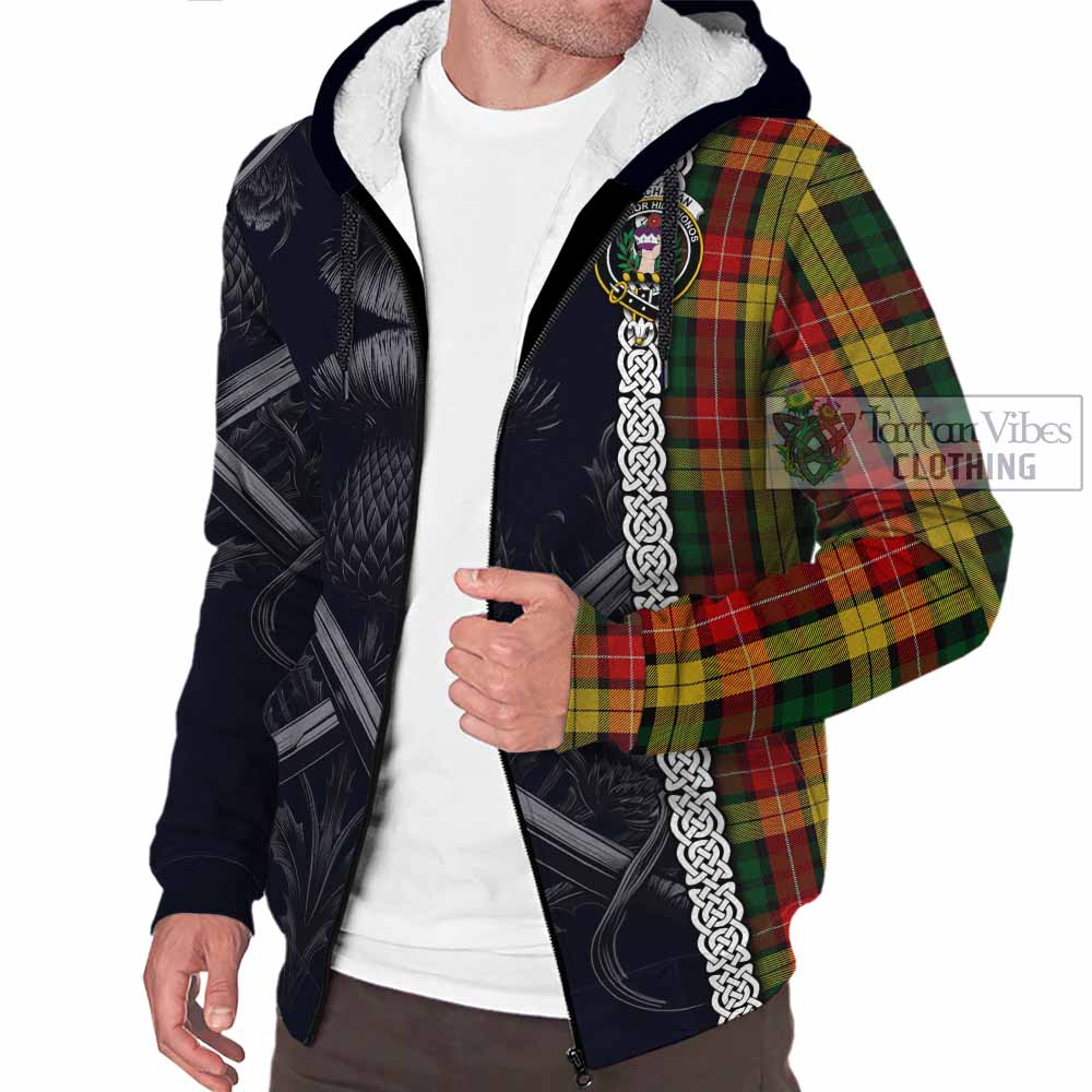 Tartan Vibes Clothing Buchanan Tartan Sherpa Hoodie with Family Crest Cross Sword Thistle Celtic Vibes