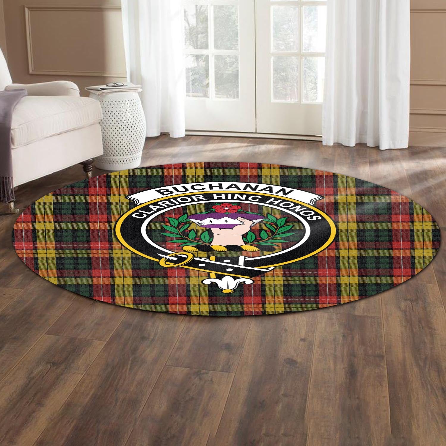 Buchanan Tartan Round Rug with Family Crest - Tartanvibesclothing