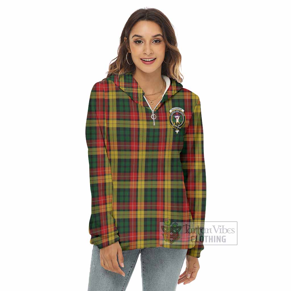 Tartan Vibes Clothing Buchanan Tartan Crest Women's Borg  Half Zip Fleece Hoodie