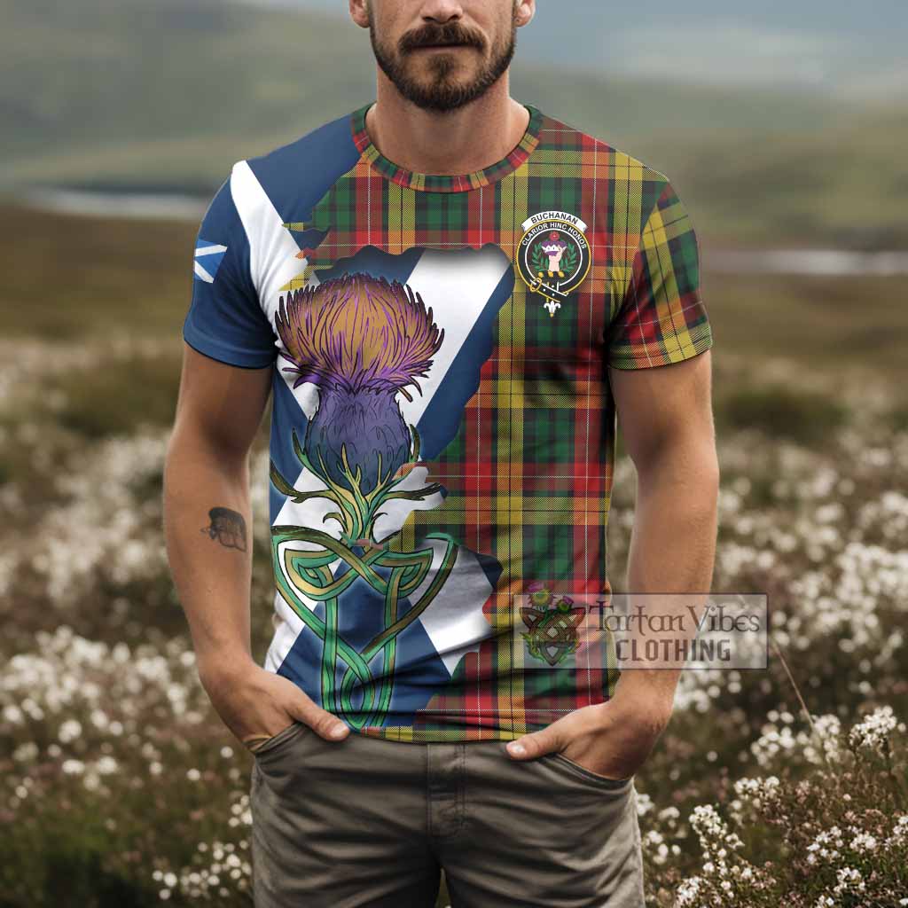 Tartan Vibes Clothing Buchanan Tartan Family Crest T-Shirt Scottish Thistle Celtic Inspired